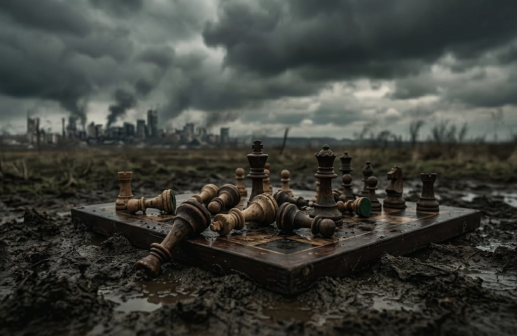 Scacchiera abbandonata nel fango, metafora geopolitica - Underground Echoes Ted